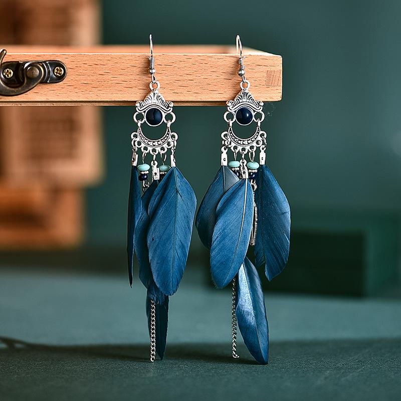 Vintage Long Feather Earrings Bohemian Personality Pattern Earrings Vacation Travel Earrings