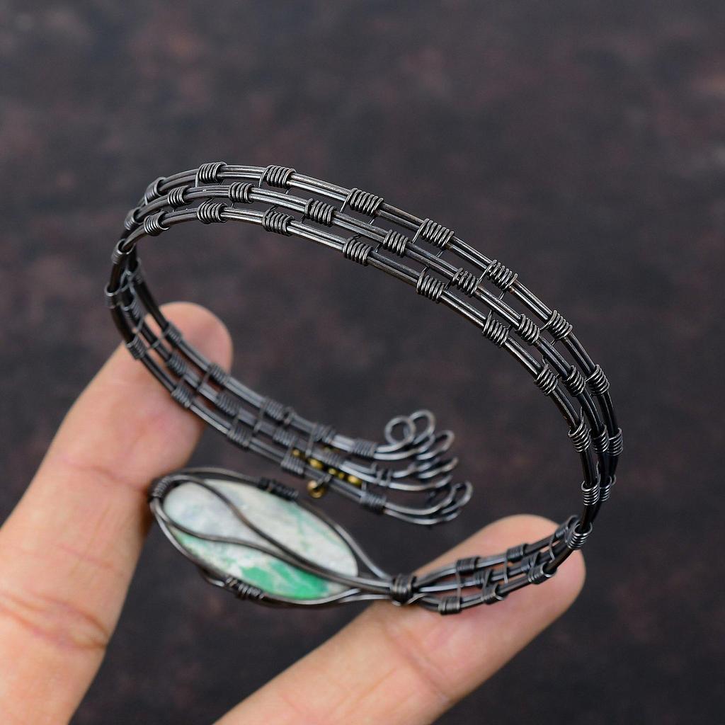 Варисцитовый браслет-манжета, обмотанный медной проволокой, ручной работы, браслет-манжета с драгоценным камнем, медные украшения, регулируемый браслет для подарка, украшения из проволоки