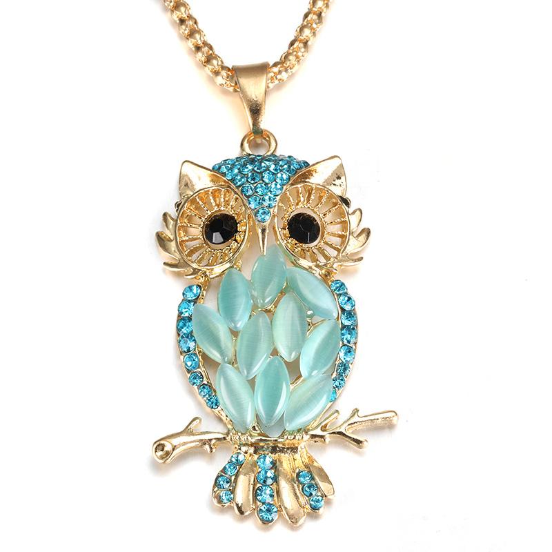 Luxury Hollow Gold Color Lady Blue Owl Pendant Necklace Sweater Chain Accessories Jewelery