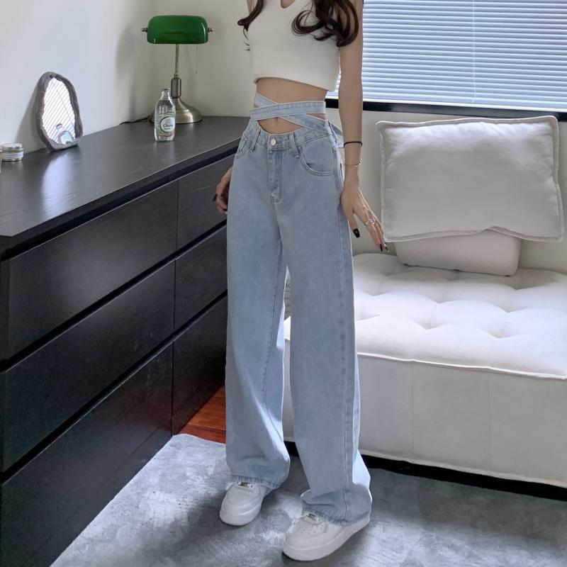 Светло-голубые джинсы, женские сексуальные бандажные корейские версии, джинсовые брюки в стиле ретро с высокой талией, широкие брюки, уличная одежда, мешковатые джинсы
