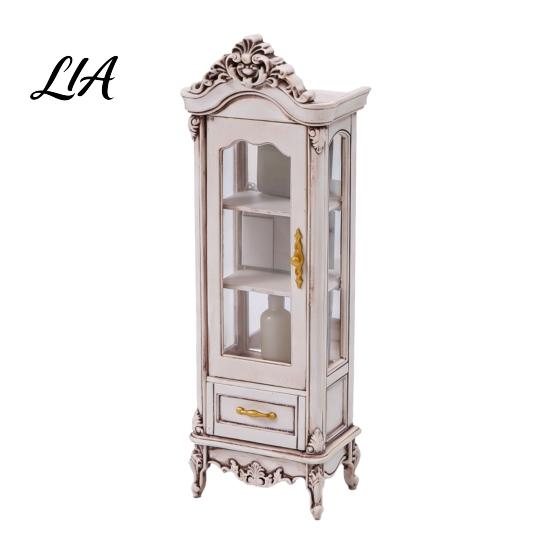 European Style Doll Mansion Accessory Miniature Curio Cabinet, 1/12 Scale Mini Wine Wooden Tiny Display Cabinet with Collectible Case Drawer,