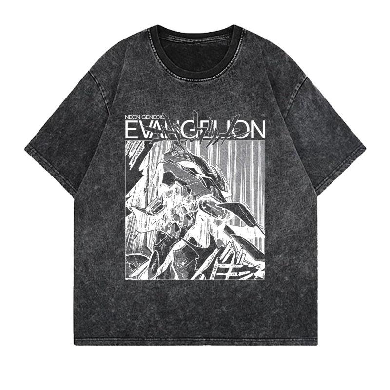 Неон Genesis Evangelion Unit-01 Панель из Манги Винтажная Стиранная Футболка Уличная Одежда Графическая Футболка для Мужчин Женщин