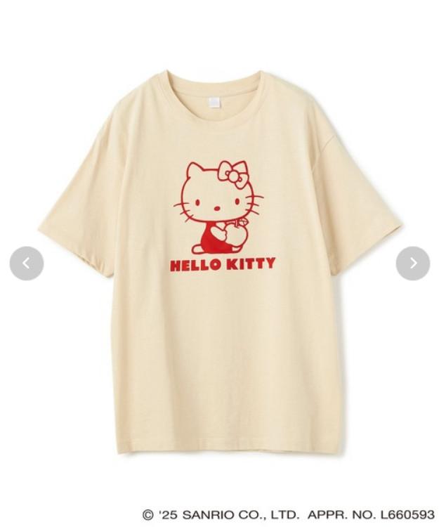 Sanrio Characters Hello Kitty Flocked Print Short Sleeve TShirt Beige Jp Ltd