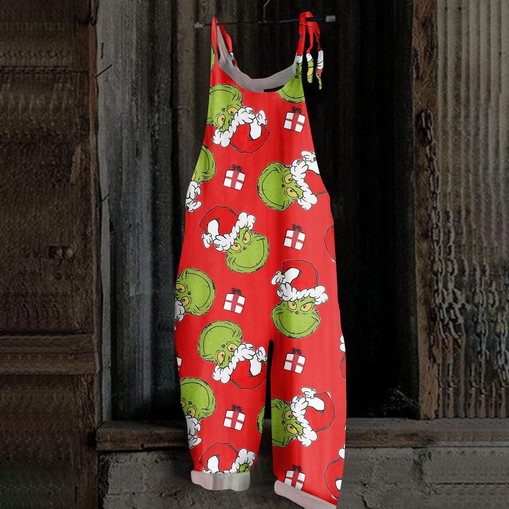 Женский повседневный свободный комбинезон с рождественским принтом, комбинезон с широкими штанинами, без рукавов, с карманами