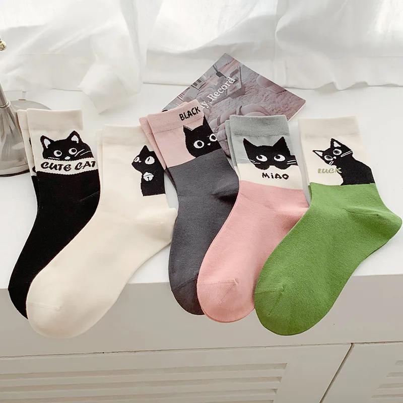 Cartoon Cat Printed Kawaii Socks Women College Style School Girls Cute Socks Casual Harajuku Retro Streetwear Middle Tube Socks