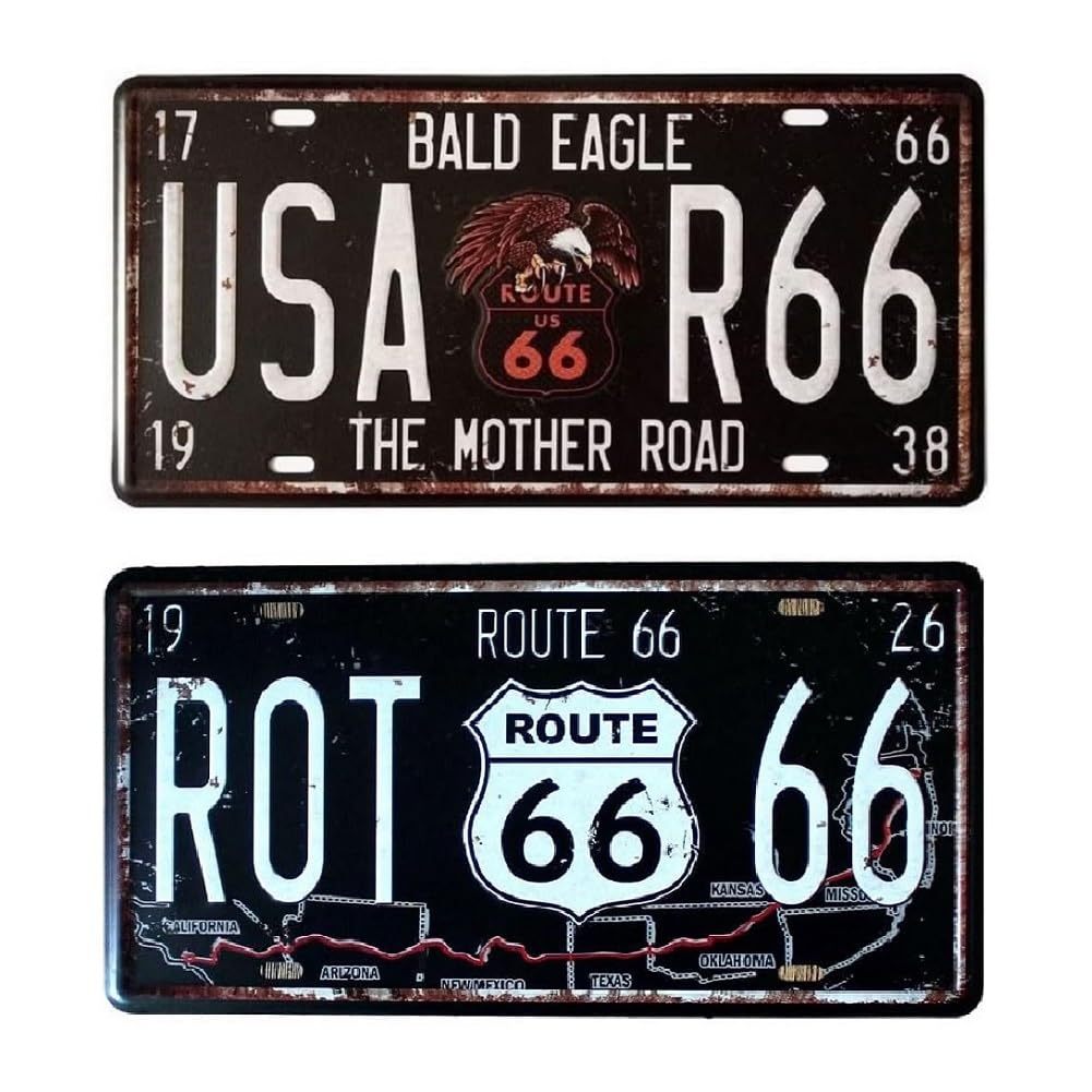 KitMall Набор из 2 предметов Жестяная табличка Route66 R66 В стиле номерного знака Американские товары Интерьер