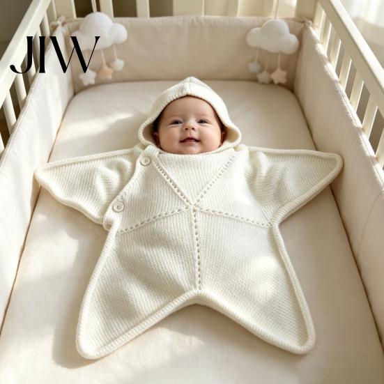 Breathable Nursery Bedding Starfish Baby Sleeping Bag, Knitted Swaddle Sleep Sack with Hood, Soft Knit Cocoon Cozy Star Shaped Infant Wearable
