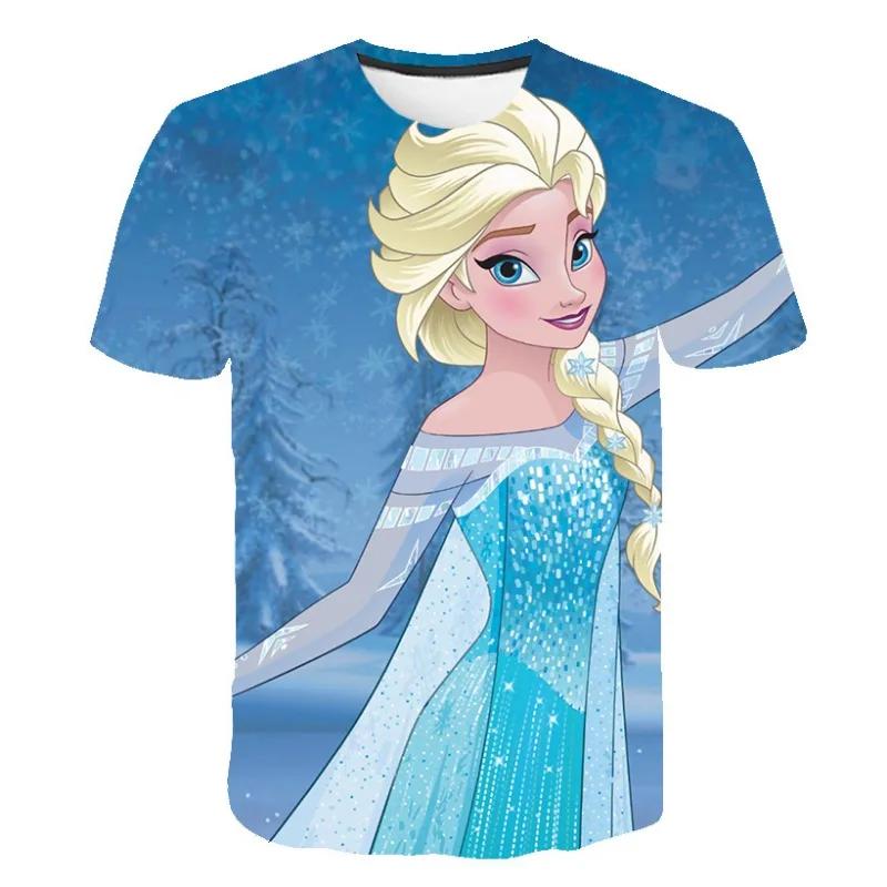 2026 Новая летняя футболка Disney Холодное Сердце 3D-печать Анна Эльза Печать Топы для девочек Холодное Сердце Снежная Королева Анна Эльза Мультяшная Печать Рубашки