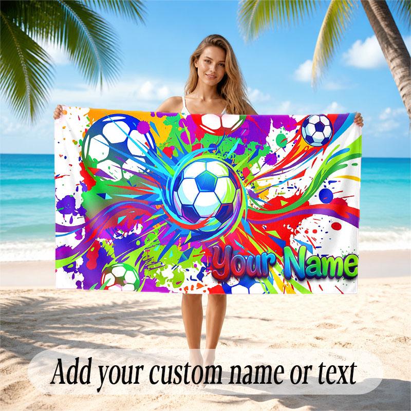 Soccer Theme Beach Towel Personalized Custom Name & Text Soft Quick Dry Beach Towel for Swimming Travel