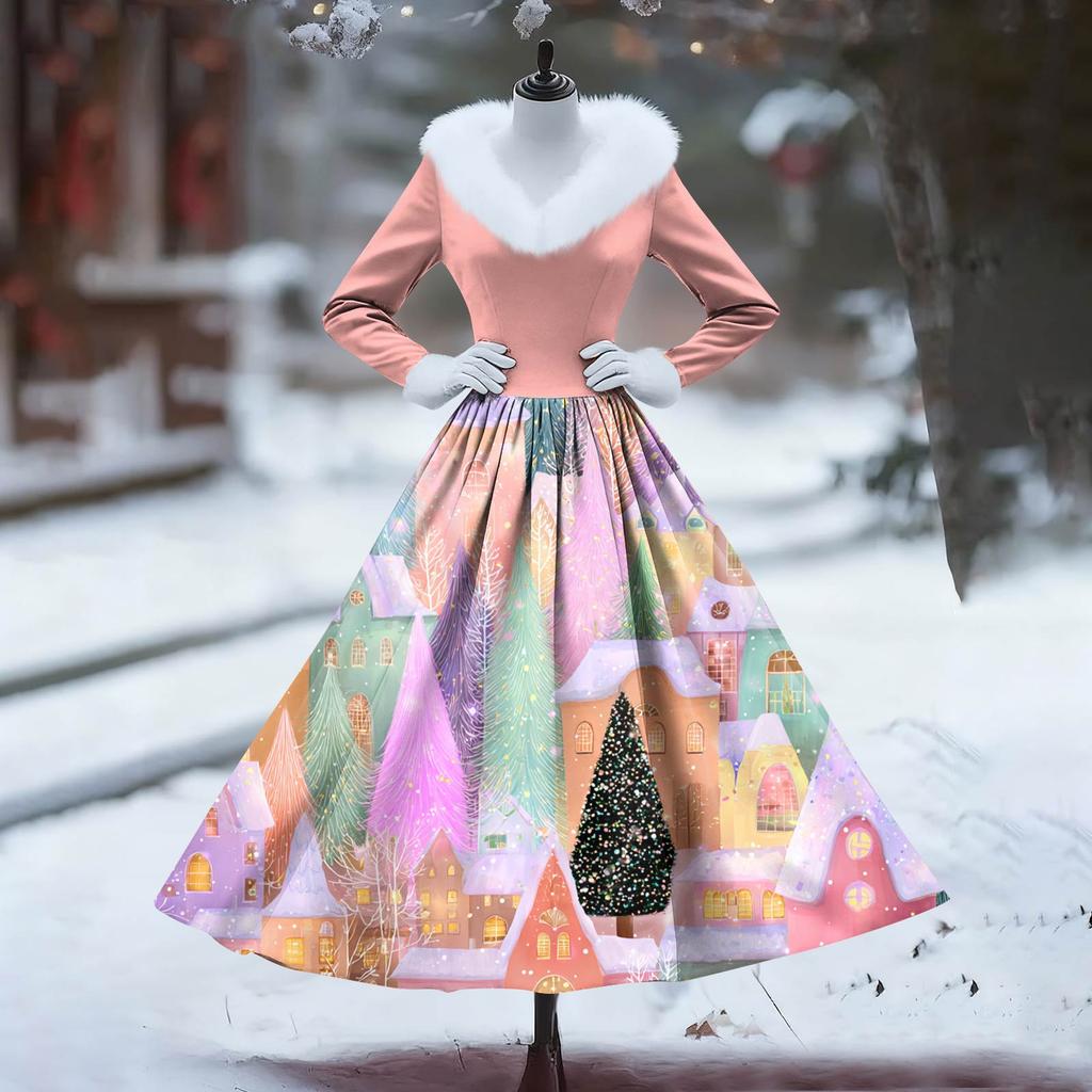 Женское повседневное платье с длинным рукавом, V-образным вырезом, лоскутным флисом и рождественским принтом