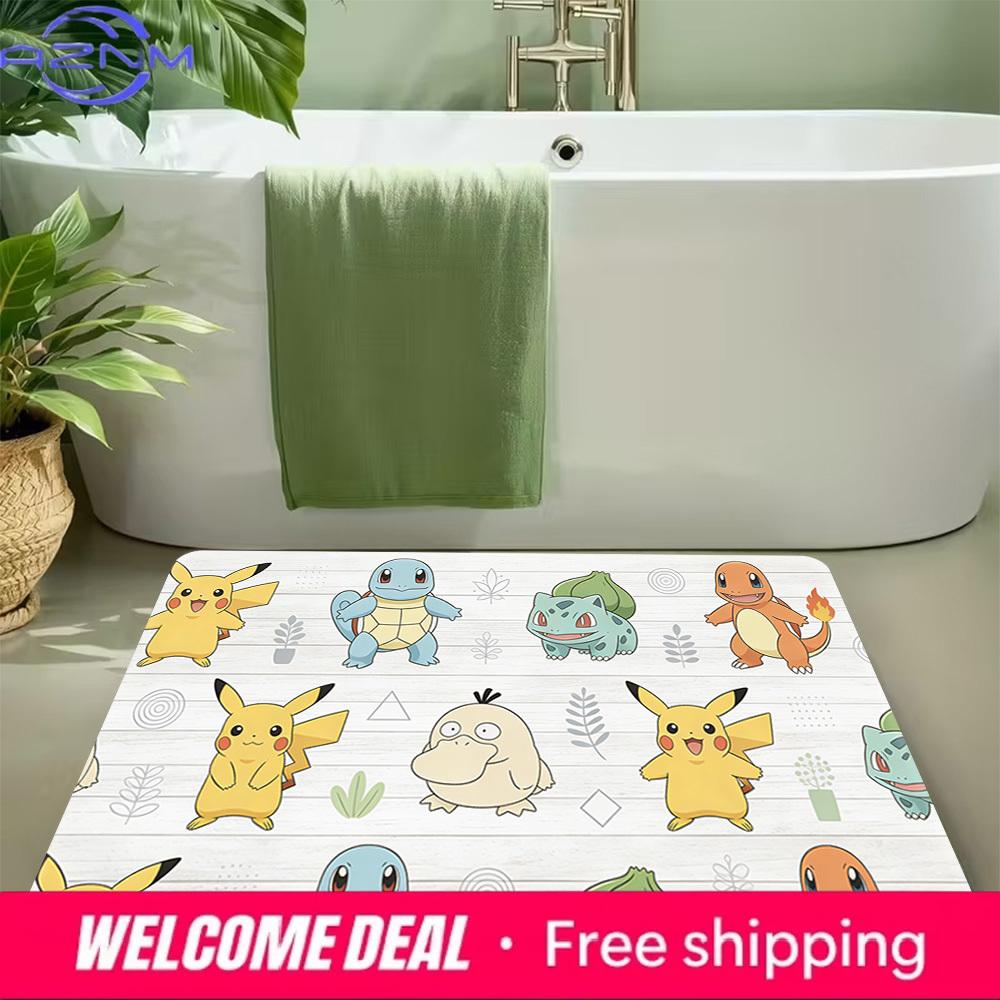 Pokemon Pikachu and Starters Cute Pattern Print Non-slip Doormat, Soft Absorbent Floor Rug for Home Decor