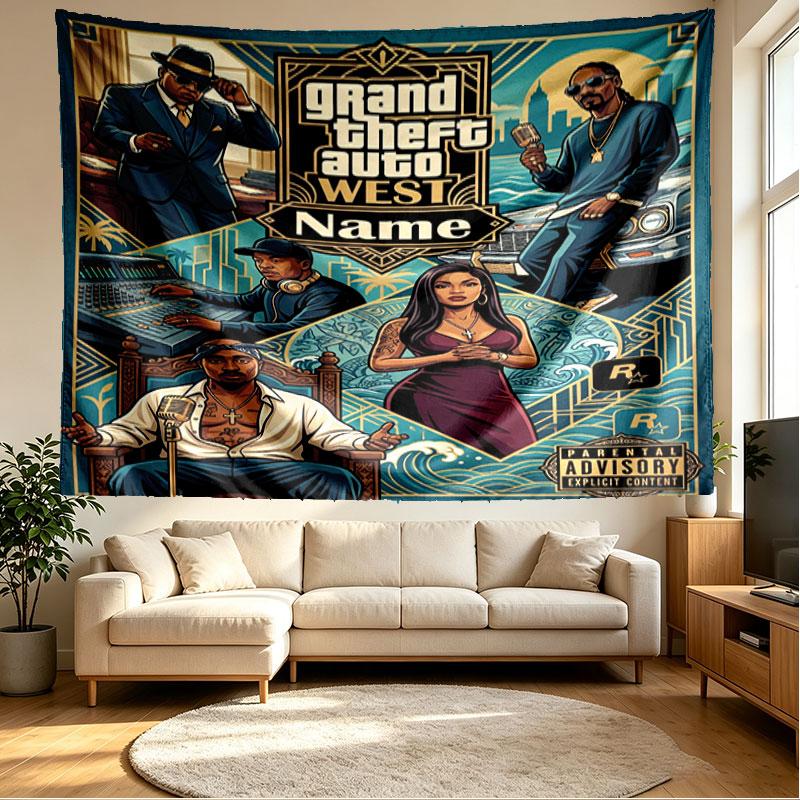 Custom Name Personalized Grand Theft Auto Print Tapestry, Wall Art Decor, Bedroom, Dorm, Apartment, LivingRoom, Party Backdrop, Gift for Birthday