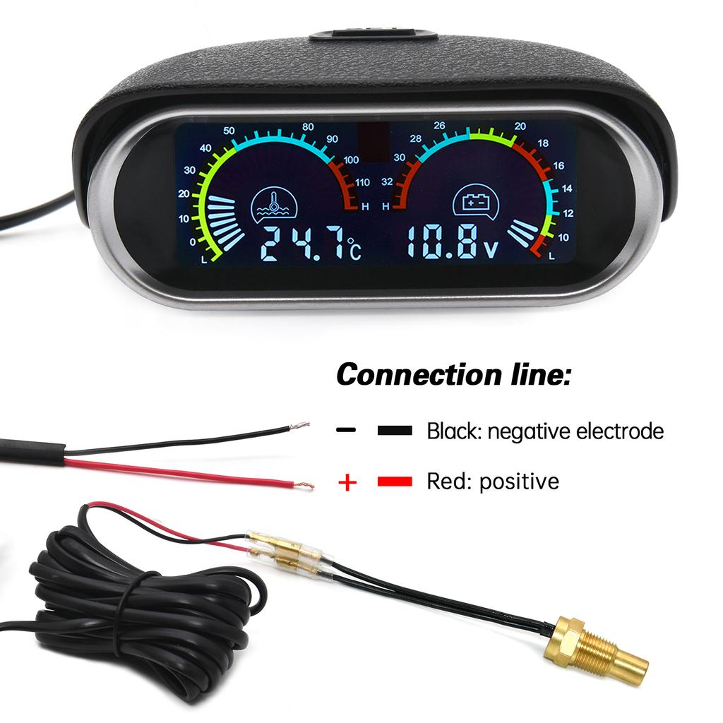 2 In 1 Horizotal Gauge Universal Truck Car Digital Water Temperature Gauge+Voltage Set Meter with 10mm Sensor 12/24V For Car
