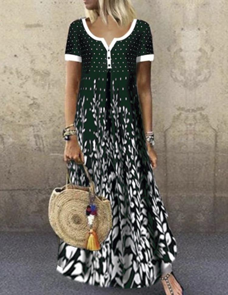 Европейское и американское весенне-летнее новое хлопковое платье с позиционным принтом, с V-образным вырезом, с короткими рукавами, длинное платье