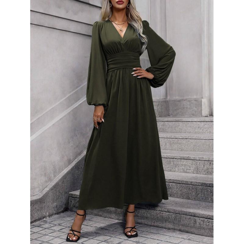 2026 Fall Winter Womens Lantern Sleeve Smocked High Slit Elegant Dress