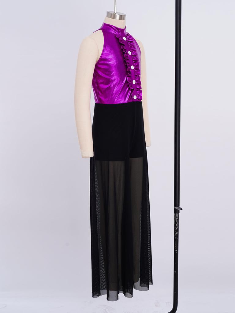 Блестящий металлический и сетчатый танцевальный комбинезон для девочек: Топ без рукавов с воротником-стойкой и оборками на лифе и струящиеся широкие брюки для сцены