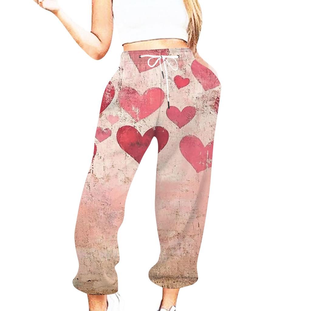 Женская повседневная мода День святого Валентина Повседневные брюки с принтом Спортивные брюки Брюки с эластичной резинкой на талии со шнурком Брюки со шнурком