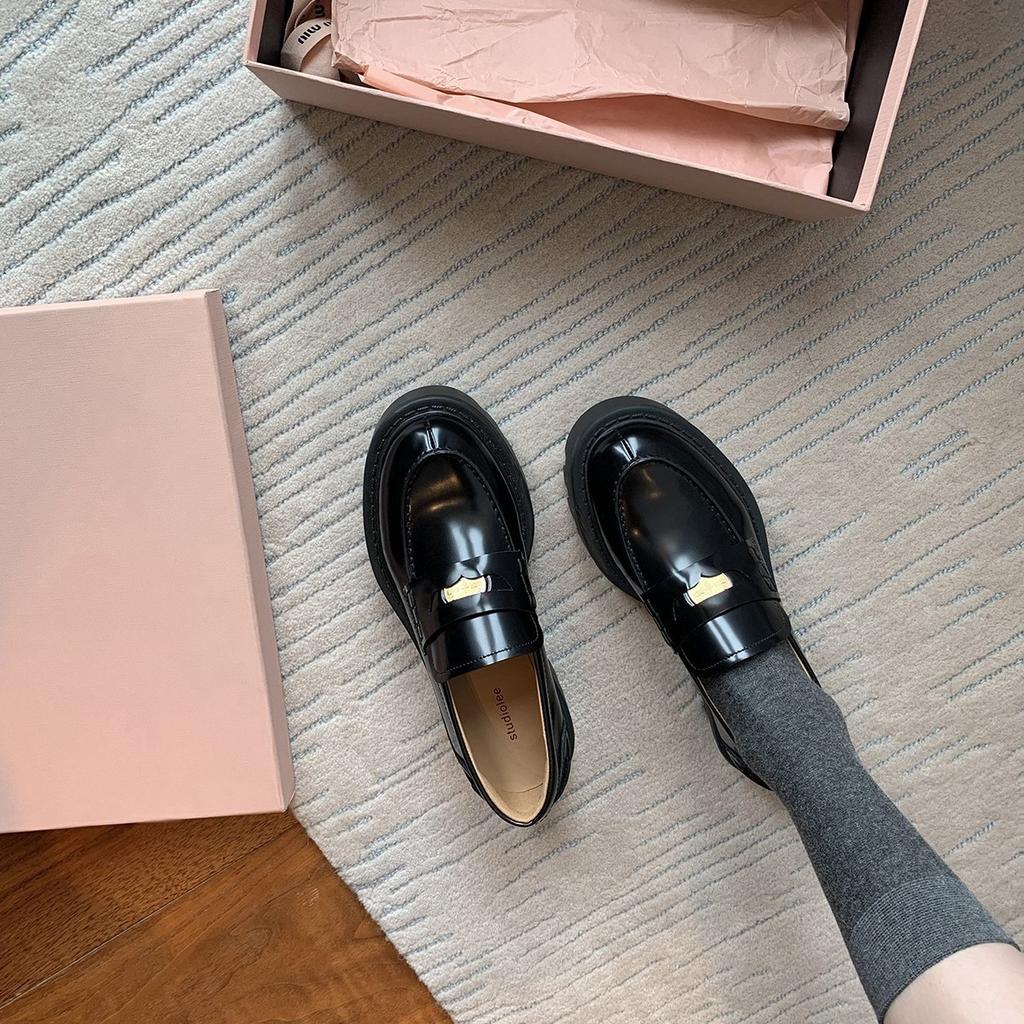 Cowhide version~ 5cm height-increasing thick-soled small gold coin loafers, female British small black small leather shoes, thick heel single shoes