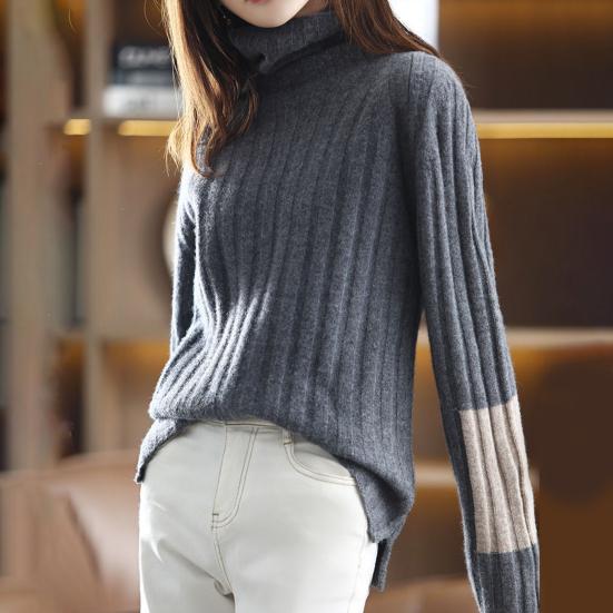 Women Winter Autumn Sweater Turtleneck Neck Protection Long Sleeve Knitted Warm Thick Soft Pullover Color Block Patchwork Lady Sweater