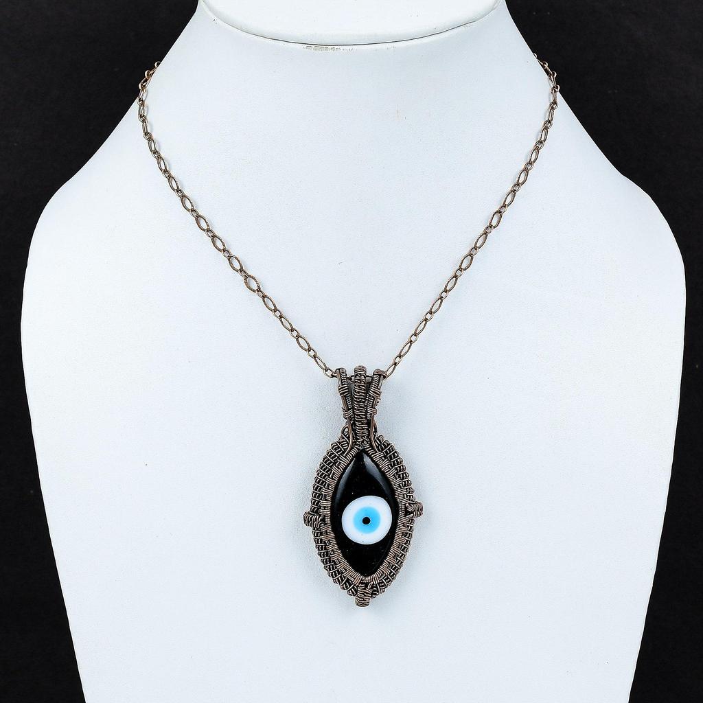 Подвеска с Глазом Фатимы черного цвета, обернутая медной проволокой, подвеска в уникальном стиле, обернутые проволокой драгоценные камни, медные украшения ручной работы для подарка