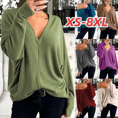 Осенние и зимние топы, женские повседневные футболки с длинными рукавами, однотонные блузки с v-образным вырезом, женские рукава «летучая мышь», большие размеры