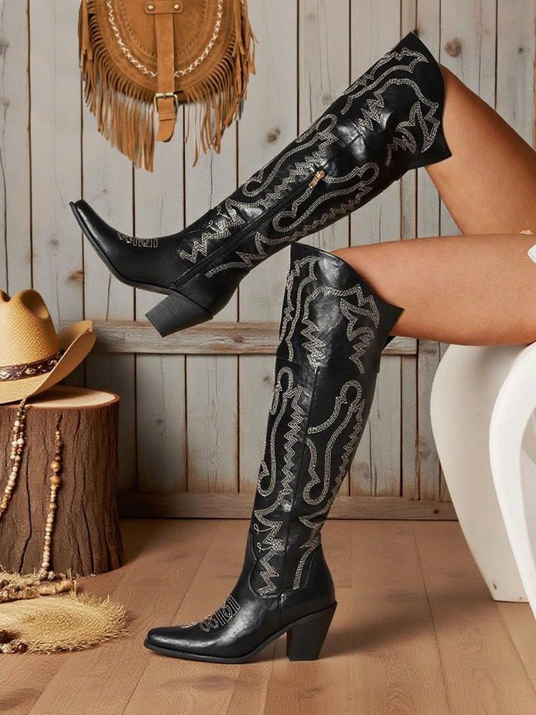 Женские вышитые ковбойские ботфорты до бедра в западном стиле с острым носком и массивным каблуком, винтажная уличная обувь, ковбойские ботфорты выше колена