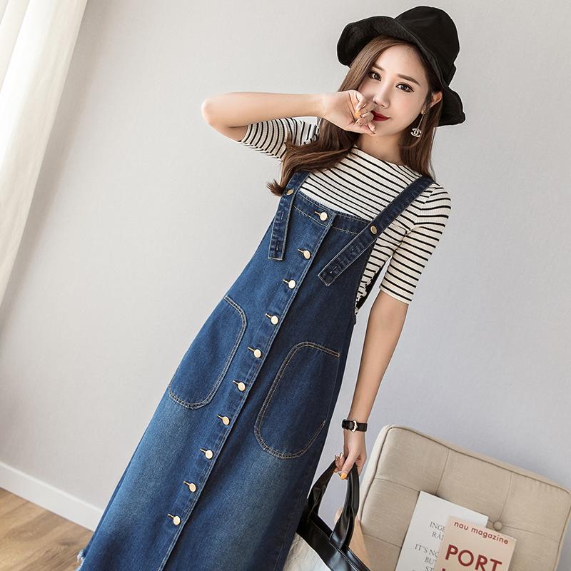 Korean Style A-Line Suspender Denim Dress for Women - Medium and Long Slim Fit