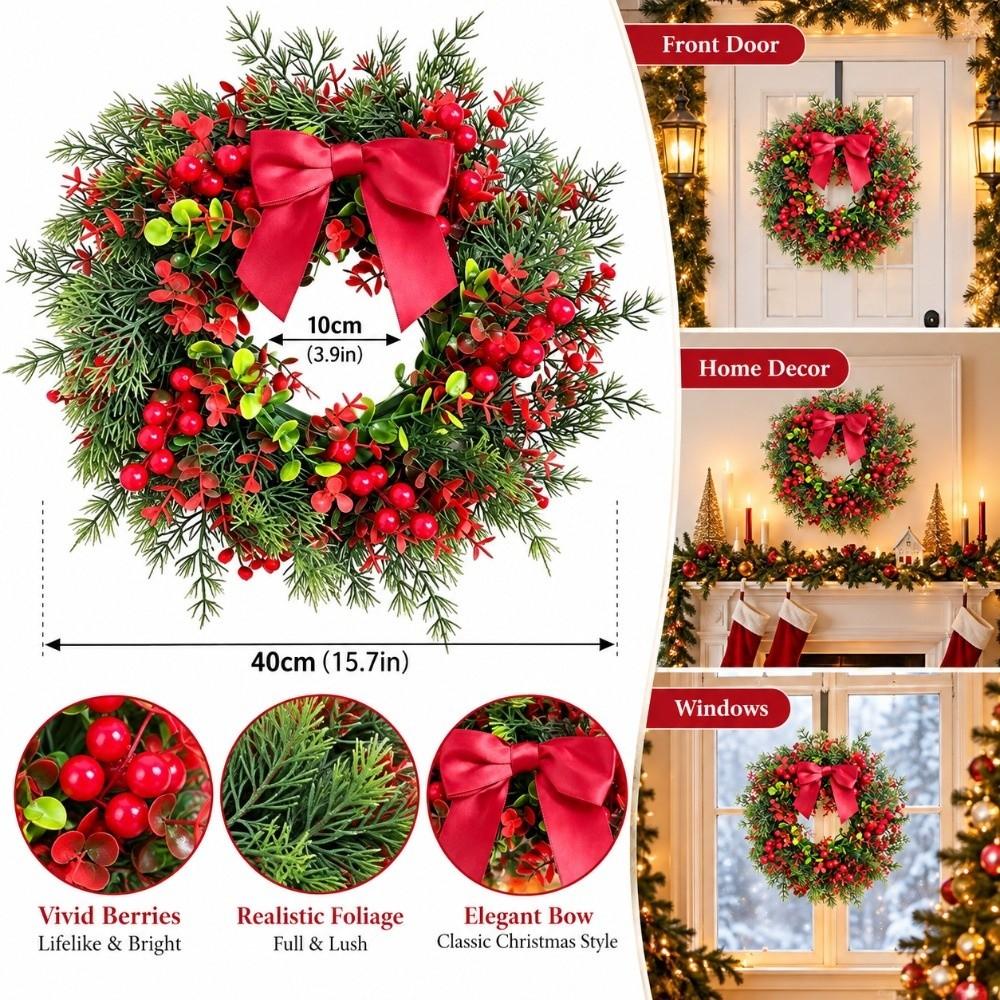 Red Berries Christmas Door Wreath Bowknot Faux Greenery Wreath Artificial Holiday Wreath Door