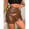 Fashion Women's Diagonal Pockets Casual PU Imitation Leather Shorts High Waist Stretch Shorts