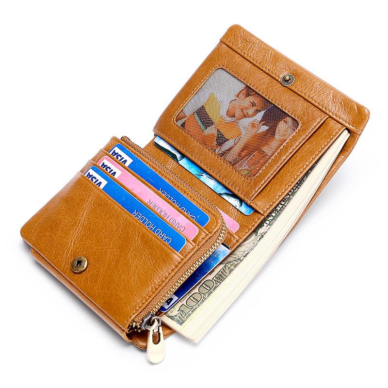 Мужской кожаный кошелек Trifold Retro RFID - короткий, с защитой от кражи и несколькими отделениями для карт