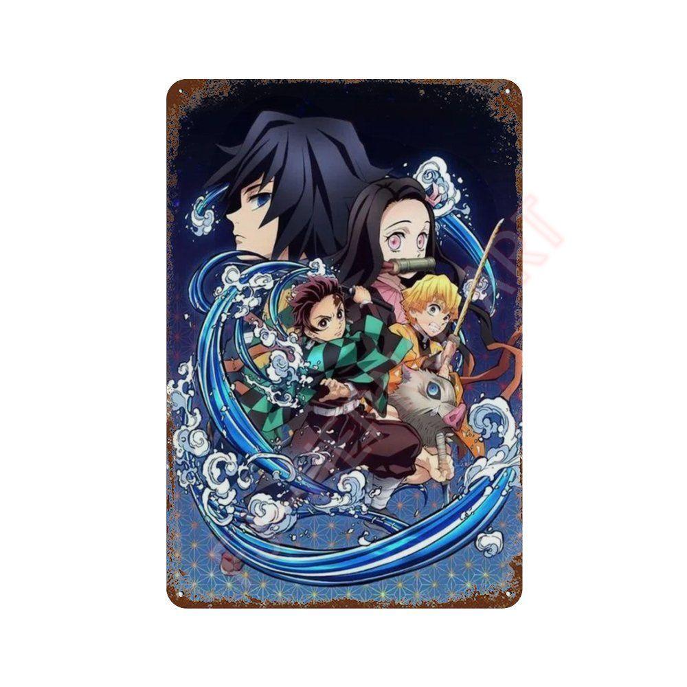 Classic Pop Anime Demon Slayer Kyojuro Rengoku Art Poster Metal Tin Sign Plaque Wall Plates for Living Room Modern Home Decor