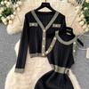 Autumn Winter Women Knitted Sweater Two Piece Set V-neck Jacket Coat and Sleeveless Long Midi Slim Bodycon Sheath Dress Suit