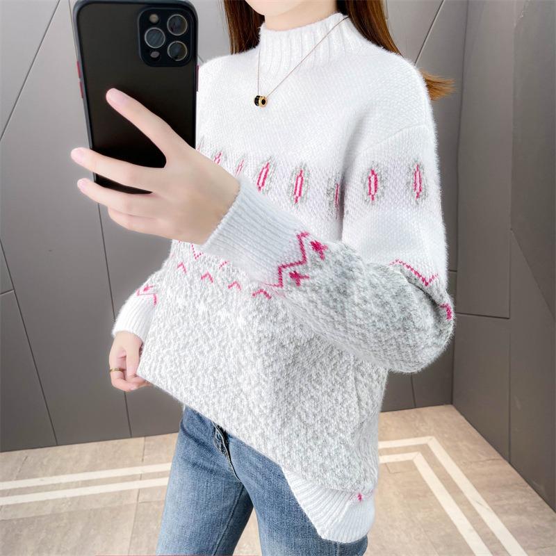 Autumn and Winter New Imitation Mink Velvet Color Matching Chenille Semi-turtleneck Sweater Women's Knitted Sweater with Loose Top