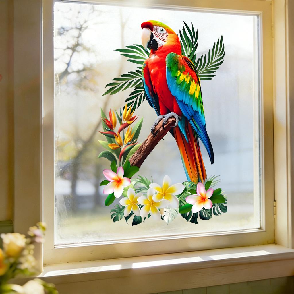 Tropical Macaw Static Cling Glass Sticker for Kitchen Living Room French Window Decor
