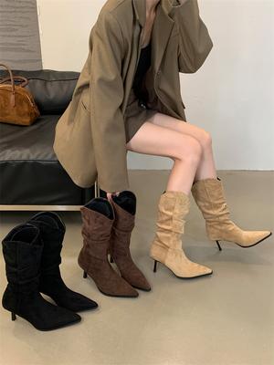 Модные женские сапоги с острым носком до середины голени Chelsea Botas на тонком высоком каблуке 2024 года. Новые поступления. Черные, бежевые, коричневые туфли-лодочки для вечеринок. Женские туфли 35-39