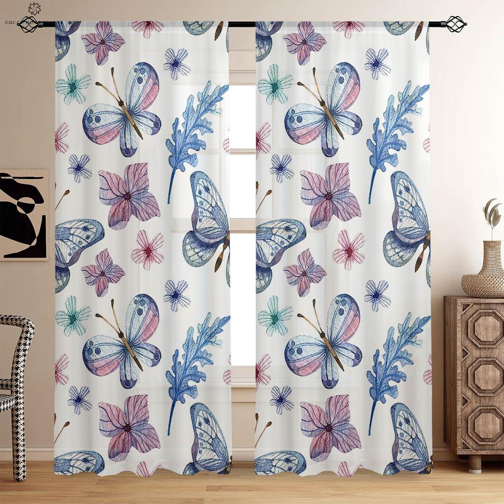Floral Butterfly Symmetrical Printed Curtains, Decorative Curtains, Suitable for Bedroom, Living Room, Kitchen, Study Room,