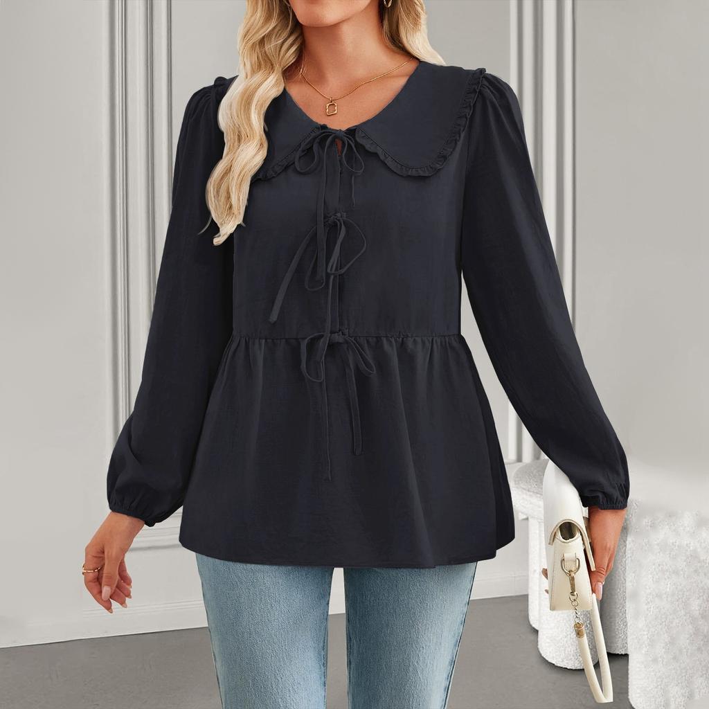 Женская модная рубашка с длинным рукавом и V-образным вырезом, с галстуком-бабочкой, футболка, топы