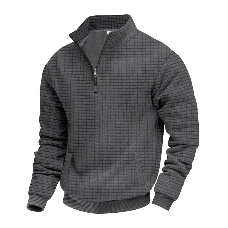 Mens Half-Zip Sweatshirt Fall Winter Jacquard Check Stand Collar Loose Casual Pullover Plus Size