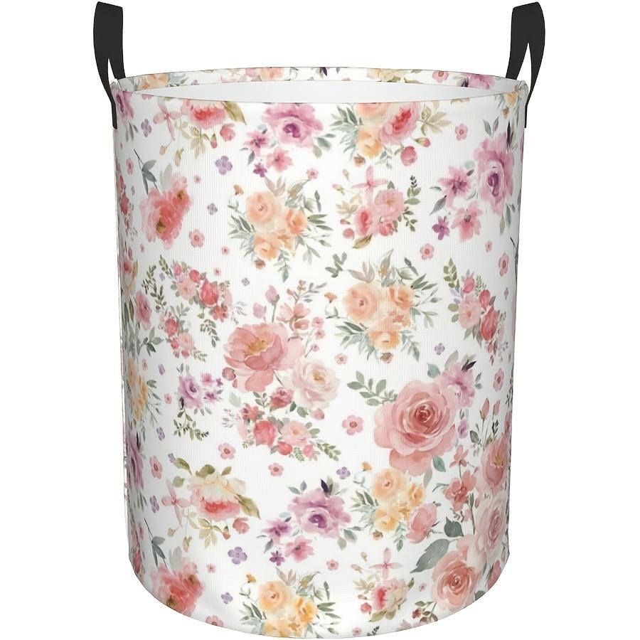 1pc Rustic Round Laundry Basket with Watercolor Floral Print - Colorful Botanical Hamper Suitable for Home, Bathroom, Bedroom, Dorm - Sturdy Storage O
