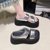 Internet celebrity trend casual wear one-word slippers women's summer 2025 Korean version of muffin thick-soled small man cool shoes