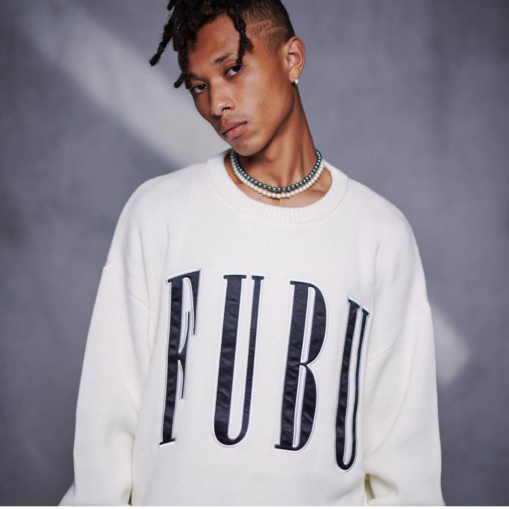 FUBU Вязаный Лонгслив для Мужчин и Бренд Большой Американский Оверсайз fam-42710 Молочно-Белый Свитер, Пуловер, Женский, Название, Логотип, Повседневный,