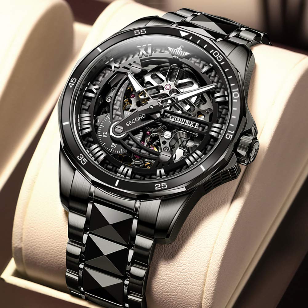 Skeleton Mechanical Automatic Luxury Watch Skeleton 50M Water Resistant Sapphire Glass Tungsten Band Luminous Black Watch for Men Men's Men's