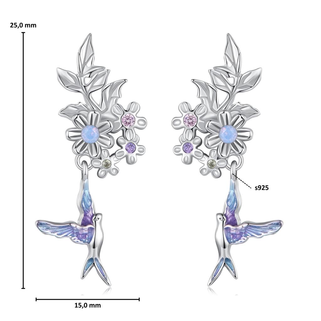 Silver hummingbird earrings with flowers, 925 silver studs
