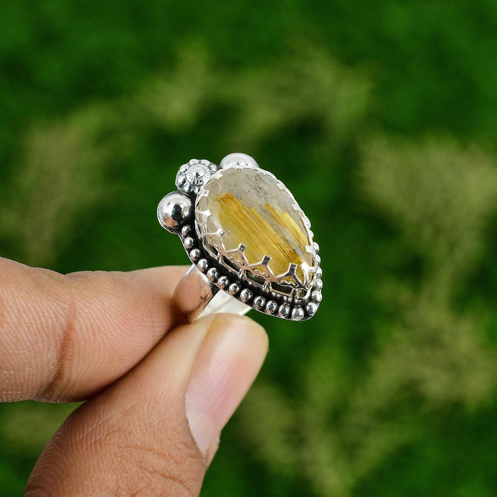 Natural Golden Rutile Gemstone Promise Adjustable Ring 925 Silver For Girls