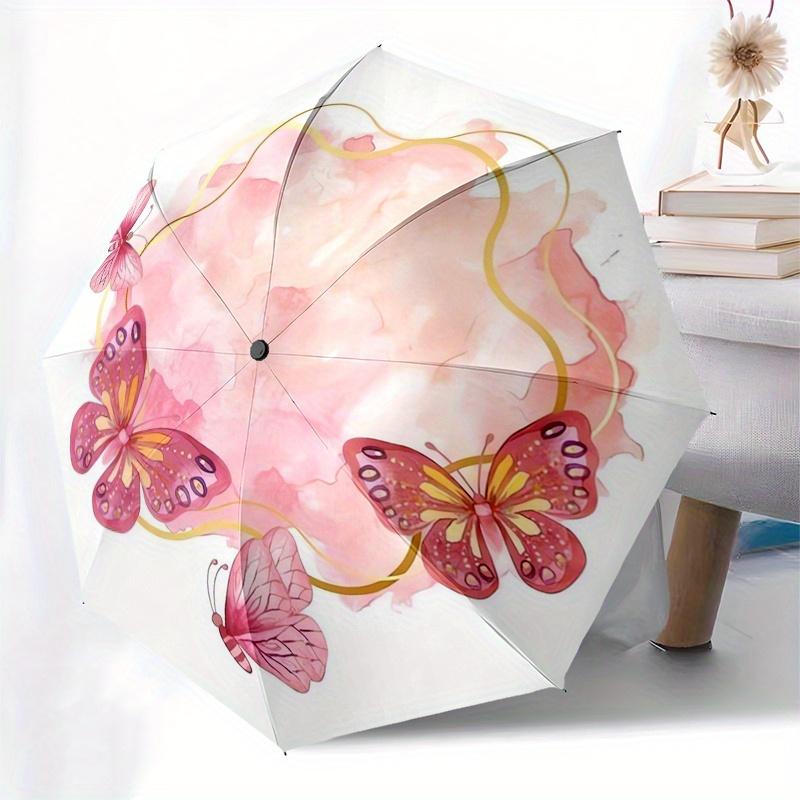 Butterfly Watercolor Automatic Folding Umbrella Simple 8 Rib Design, Bright Cartoon Pattern, Durable Iron Frame, Suitable For Travel, Outdo