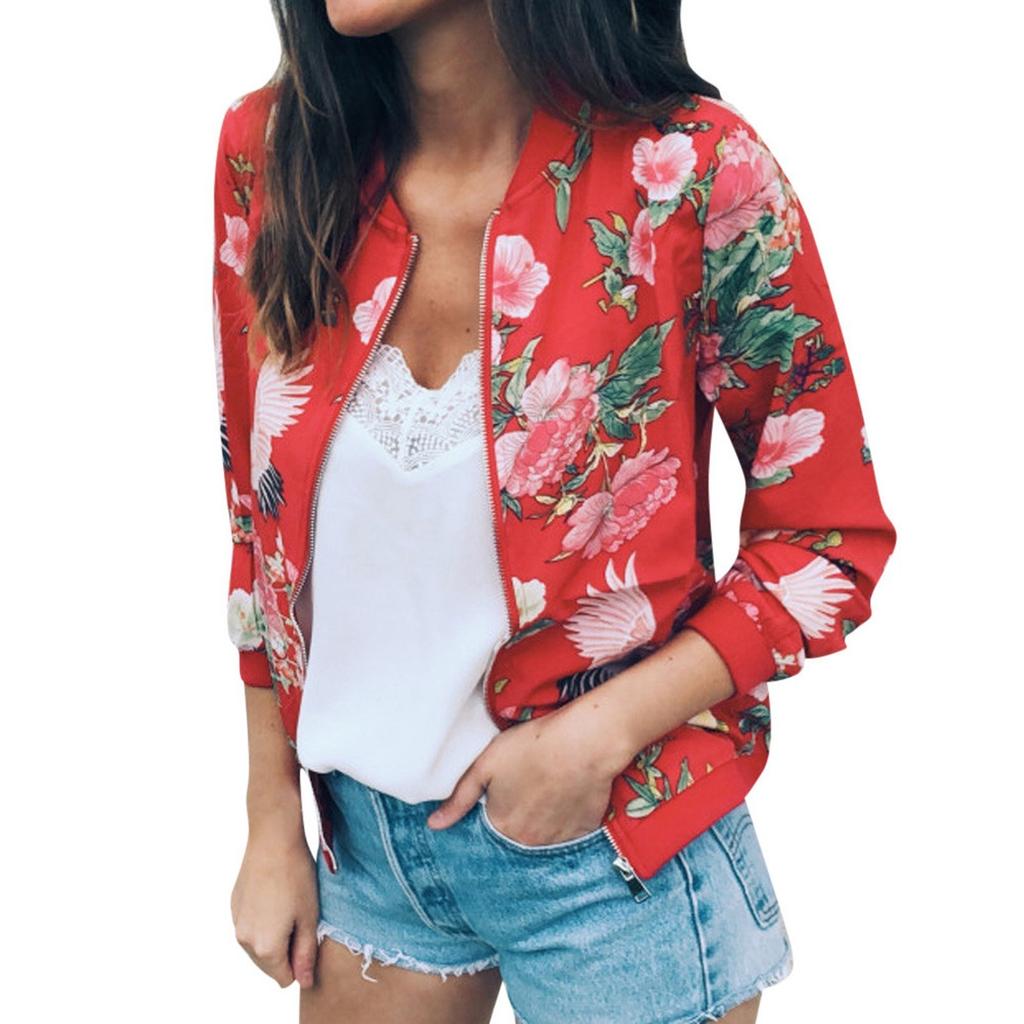 Womens Ladies Retro Floral Zipper Up Jacket Casual Coat Outwear