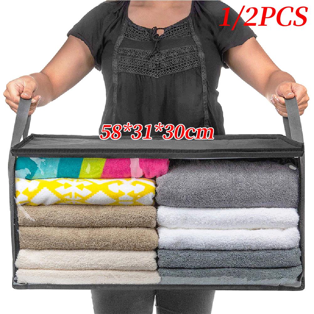 Foldable Blanket Storage Bags Foldable Blanket Storage Bins with Sturdy Zippers Thick Fabric Large Clear Window & Carry Handles