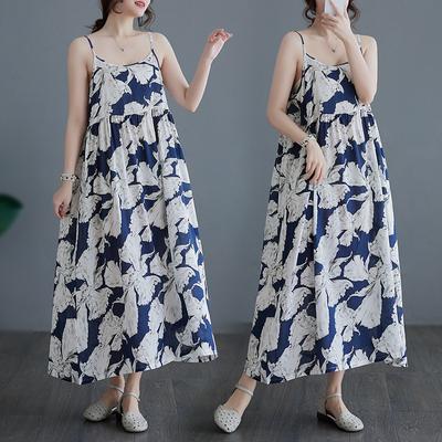 Хлопок и лен литературное и ретро свободное платье-майка без рукавов на бретелях А-силуэта женщина