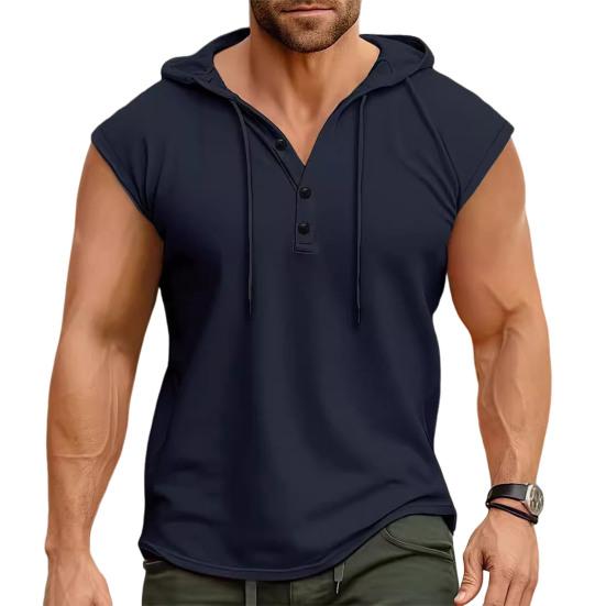 Men Vest Hooded Drawstring Sleeveless Tops Solid Color T-Shirt with Wide Shoulder