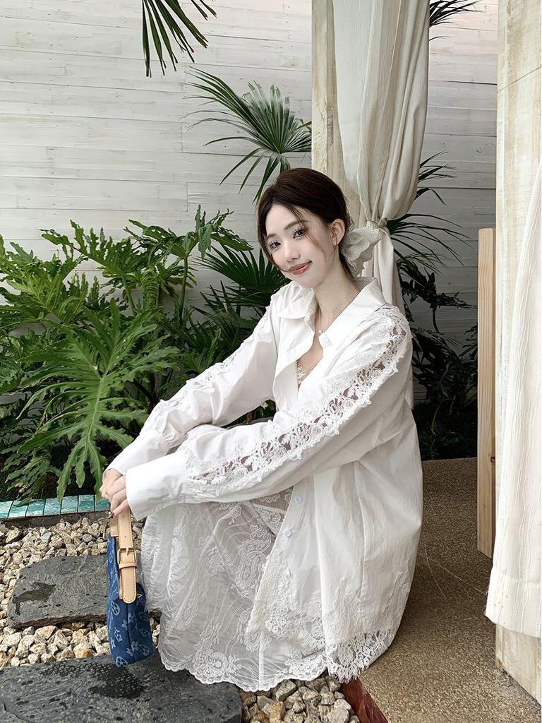Korean Lace Long-Sleeved Shirt with Suspenders & White Fishtail Maxi Skirt - Women's Three-Piece Set for Spring/Summer 2025